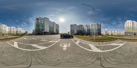 360 hdri panorama view with skyscrapers in new modern residential complex on parking for people...