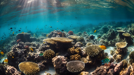 Fototapeta na wymiar An underwater shot featuring a school of colorful fish swimming around a coral reef,, illuminated by the sun's rays penetrating the ocean's surface, and showcasing the various hues of the marine life