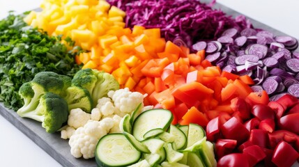 A variety of colorful chopped vegetables in rainbow colors. Generative AI. 