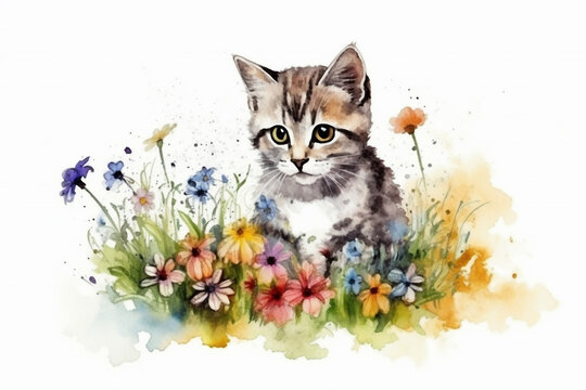 Watercolor painting of a cute cat or kitten in a colorful flower field. Ideal for art print, greeting card, springtime concepts etc. Made with generative AI.