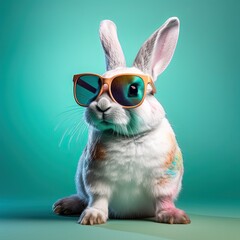 Fototapeta na wymiar Rabbit wearing sunglasses on colorful background. Rainbow bunny. Generative AI