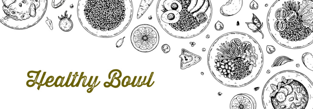 Cereal bowl background. Hand drawn vector illustration in sketch style. Restaurant menu design