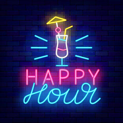 Happy hour neon label. Cocktail icon. Discount for bar, cafe and restaurant. Sale time sign. Vector storck illustration
