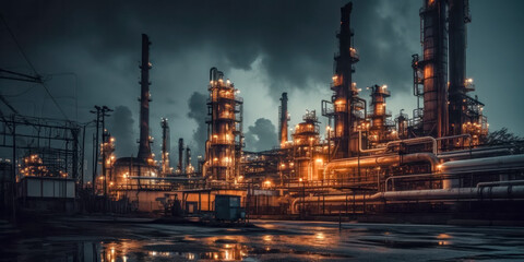 Industrie 4.0 Schwerindustrie Atomindustrie  Chemieindustrie Raffinerie	im Abendlicht Illustration Background Wandbild Generative AI Digital Art
