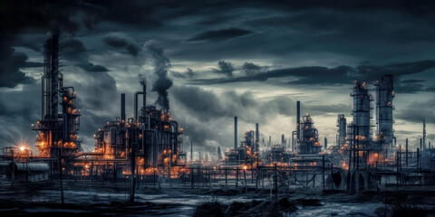Fototapeta na wymiar Industrie 4.0 Schwerindustrie Atomindustrie Chemieindustrie Raffinerie im Abendlicht Illustration Background Wandbild Generative AI Digital Art 