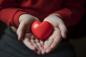 Enfant tenant un coeur rouge antistress dans ses mains » IA générative - obrazy, fototapety, plakaty