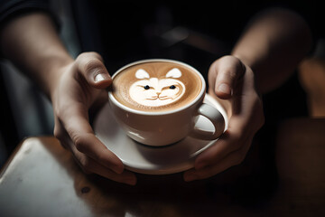 Fototapeta na wymiar Personne prenant un cappuccino avec une forme de chat » IA générative