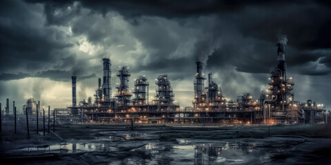 Obraz na płótnie Canvas Industrie 4.0 Schwerindustrie Atomindustrie Chemieindustrie Raffinerie im Abendlicht Illustration Background Wandbild Generative AI Digital Art 