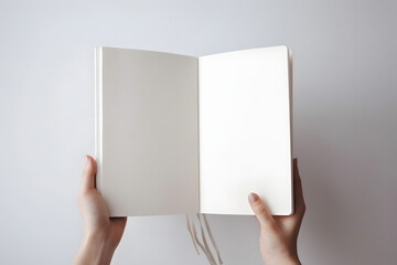 Mains ouvrant un livre avec des feuilles blanches sur fond gris » IA générative
