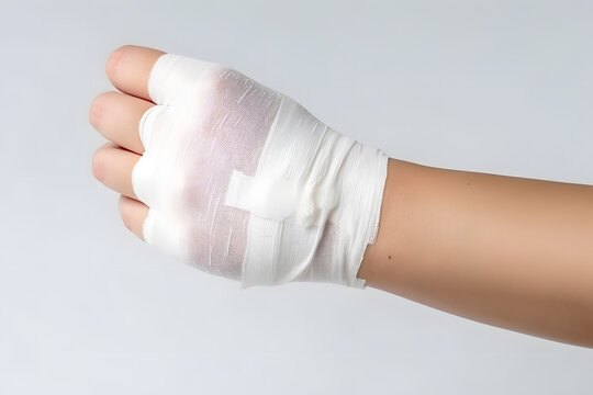 Gros plan d'une main avec un bandage sur fond gris » IA générative