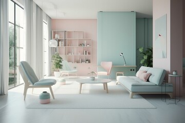 Fototapeta na wymiar Modern living room with pastell colors furniture, generative ai, modern minimalist architecture office interior with furniture