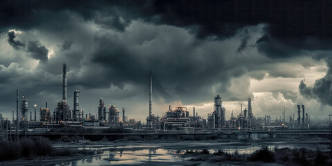 Fototapeta premium Industrie 4.0 Schwerindustrie Atomindustrie Chemieindustrie Raffinerie im Abendlicht Illustration Background Wandbild Generative AI Digital Art 