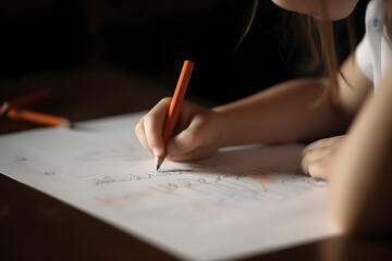 Jeune fille dessinant sur une feuille dans sa classe » IA générative