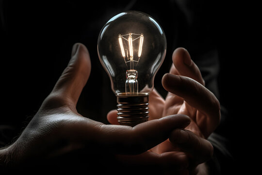 Mains d'une personne tenant une ampoule allum&eacute;e &raquo; IA g&eacute;n&eacute;rative