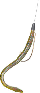 Light brown plastic fishing worm on a hook