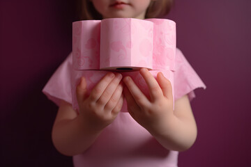 Fototapeta na wymiar Jeune fille tenant des rouleaux de papier de toilette rose dans ses mains » IA générative