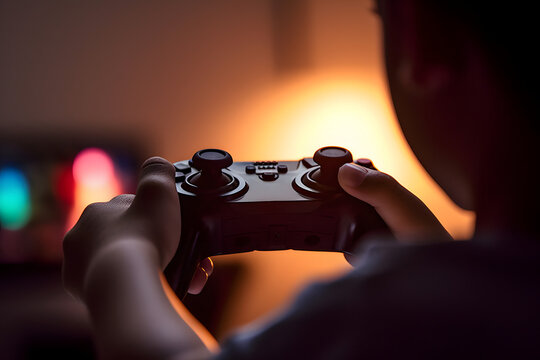 Jeune gar&ccedil;on tenant sa manette pour jouer aux jeux vid&eacute;os &raquo; IA g&eacute;n&eacute;rative