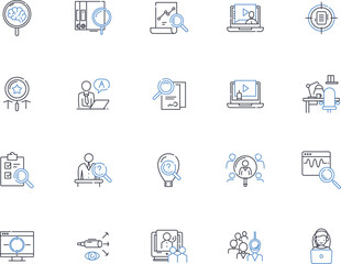 Investigate line icons collection. Scrutinize, Analyze, Examine, Research, Probe, Inspect, Delve vector and linear illustration. Explore,Study,Question outline signs set