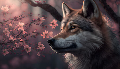Obraz premium オオカミ cherry blossoms and wolves generative AI
