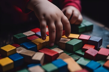 Fototapeta premium Enfant jouant avec des cubes en bois dans une crèche » IA générative
