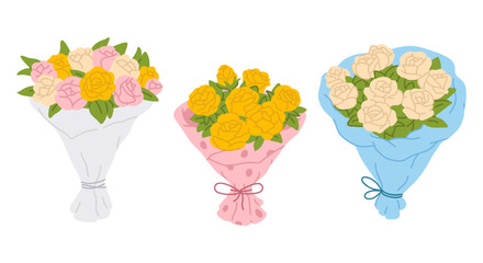 Vector illustration set cute doodle bouquets with roses for digital stamp,greeting card,sticker,icon,design
