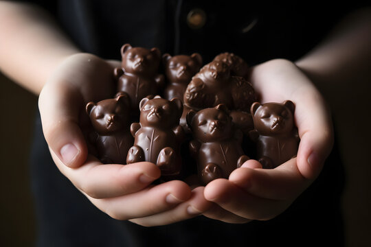 Personne tenant des nounours en chocolat dans ses mains &raquo; IA g&eacute;n&eacute;rative