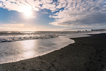 Reynisfjara black sand beach. Near Vik, Iceland. Southern point on the Ring Road. 