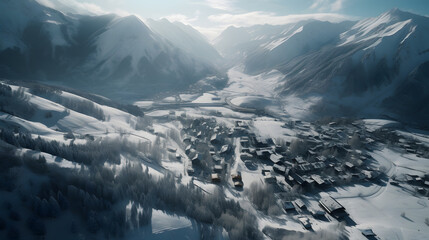 Bird's-eye view of a picturesque snow-covered village, nestled in a valley between towering mountains
