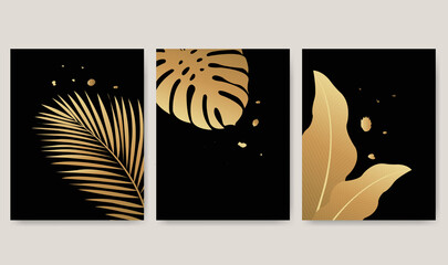 Black Paper Banner With Golden Tropical Leaves Shadow Mockup