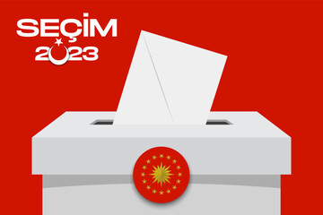 General and Presidential elections in Turkey 14 May 2023. (Turkish Translate on the Image: 14 Mayıs Türkiye Cumhurbaşkanlığı Seçimi) Ballot Box and Turkish Flag Symbol and Presidential symbol.