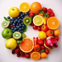Fototapeta na wymiar A colorful grouping of varied fruits on a white background. Generative AI. 