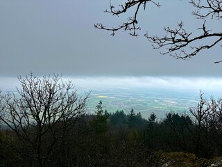 A Distant Aerial Perspective Behind Trees of Hartmannswiller and Berrwiller Villages Shrouded in Dense Dark Clouds and Enveloped by Heavy Mist in the Enigmatic Alsatian Landscape