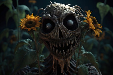 A grinning zombie in a field of sunflowers