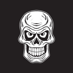 A skull with an angry expression art Illustration hand drawn style black and white premium vector