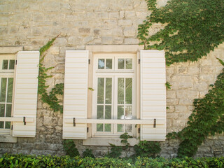 White stone house wall with white window with green ivy