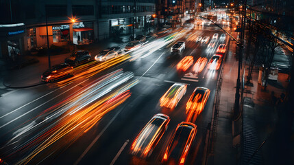 Fototapeta na wymiar Long exposure image of a bustling city intersection at night, capturing the motion blur of car headlights and tail lights