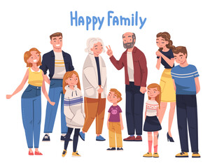 Fototapeta premium Happy Family Standing Together with Young and Old Generation with Kids Vector Illustration