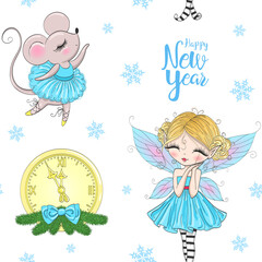 Obraz na płótnie Canvas Hand drawn seamless pattern with beautiful cute little winter fairy girl and the words Happy New Year. Vector illustration.