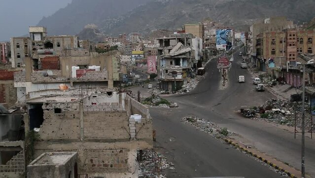 Houses destroyed due to the violent war in the city of Taiz, Yemen	
