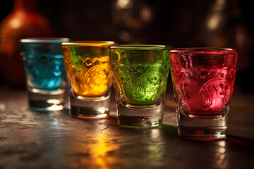 Fototapeta premium Different colored glasses for alcohol, shots, wine