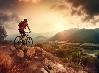 Man on the mountain bike on the hill, ai generative