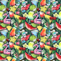 Tropical fruits, berries, palm leaves, beach cocktails, pink flamingos. Watercolor, seamless pattern from BEACH BAR collection. For textiles, fabrics, wallpapers, covers prints bar menus cafes shops