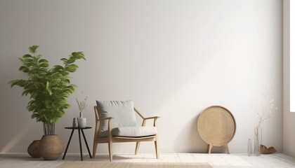 Canvas mockup in minimalist interior background with armchair and rustic decor, 3d render , generative ai 