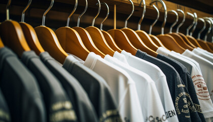 Naklejka premium Fashionable coats hanging on retail clothes rack generated by AI