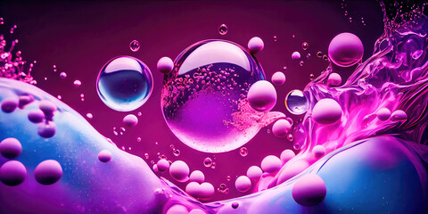 Creative abstract background of soapy purple color with bubbles, refracting colors and tones. Blue, pink and violet water soap. Generative AI.