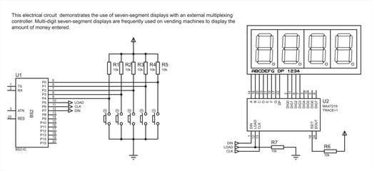 Schematic diagram of electronic device.
This electrical circuit demonstrates the use of seven-segment  displays with an external multiplexing
controller. Vector drawing.