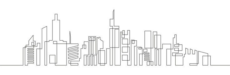 Continuous line drawing of house, residential building concept. Panoramic landscape of metropolis architecture, skyscrapers.