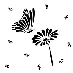 Chamomile and butterfly from petals. Hand-drawn black drops petals shape. Vector black and white background for wallpaper, poster, web and packaging