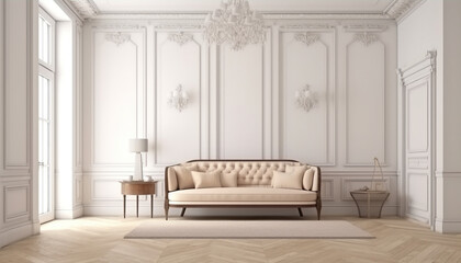 Contemporary classic white beige interior with furniture and decor. 3d render illustration mockup. , generative ai 