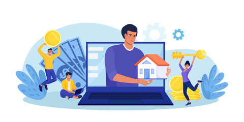 Customers buying house or renting apartment with real estate agency online. Agents showing new apartments. Real estate agent or broker helping person to choose home. Investment property, mortgage